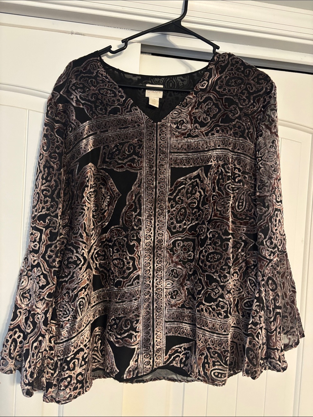Chico's Black and Rose Velvet Burnout V-Neck Tunic